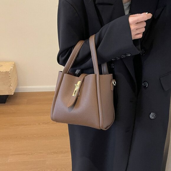 Brown PU Leather Turn Lock Mini Tote - Picture 2 of 6